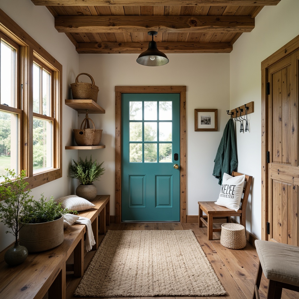 Prompt: Cozy mudroom, rustic wooden benches, woven baskets, earthy tones, natural materials, warm beige walls, creamy whites, soft grays, rich browns, vibrant turquoise accents, industrial metal hooks, reclaimed wood shelving, textured rugs, organic patterns, natural light, warm atmosphere, shallow depth of field, 3/4 composition, realistic textures, ambient occlusion.