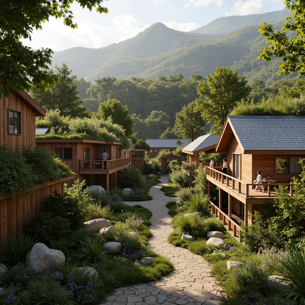 Prompt: Eco-friendly village, recycled wooden buildings, living roofs, green walls, bamboo architecture, natural stone pathways, organic gardens, solar panels, wind turbines, rainwater harvesting systems, composting facilities, earthy color palette, rustic textures, warm ambient lighting, shallow depth of field, 1/1 composition, intimate close-ups, realistic renderings, ambient occlusion.