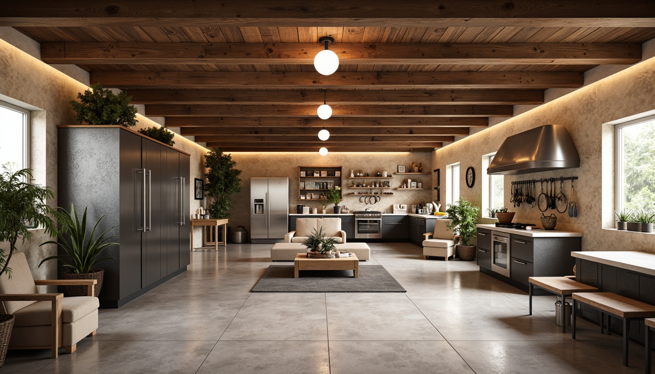 Prompt: Cozy family garage, rustic wooden accents, metallic storage units, sleek shelving systems, hanging bike racks, tool organizers, epoxy-coated floors, natural stone walls, modern overhead lighting, warm beige tones, shallow depth of field, 1/1 composition, realistic textures, ambient occlusion.