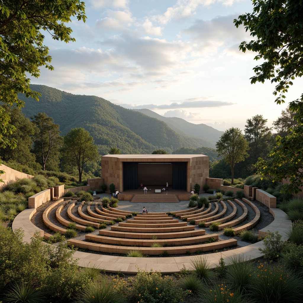 Prompt: Natural amphitheater setting, lush green hills, tiered seating areas, wooden benches, open stage, dramatic sky backdrop, warm afternoon sunlight, soft diffused lighting, subtle echo effects, clear sound projection, optimized speaker placement, acoustic paneling, minimalist architecture, curved lines, earthy tones, natural stone walls, rustic wood accents, vibrant summer foliage, 1/1 composition, shallow depth of field, realistic textures, ambient occlusion.