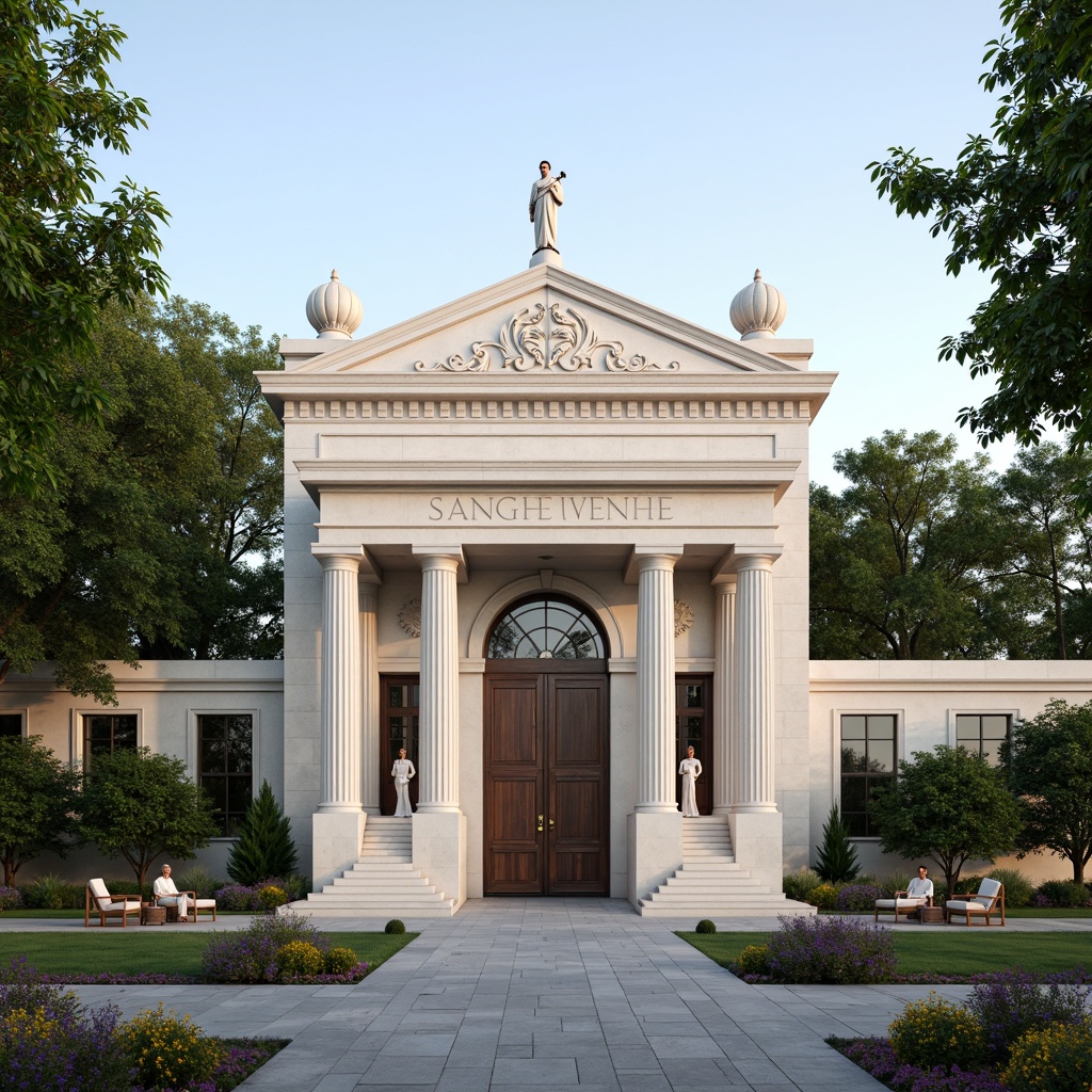 Prompt: Elegant memorial center, grandiose entrance, imposing columns, neoclassical architecture style, symmetrical facade, majestic arches, ornate carvings, solemn atmosphere, peaceful surroundings, lush greenery, vibrant flowers, tranquil water features, soft natural lighting, shallow depth of field, 3/4 composition, panoramic view, realistic textures, ambient occlusion.