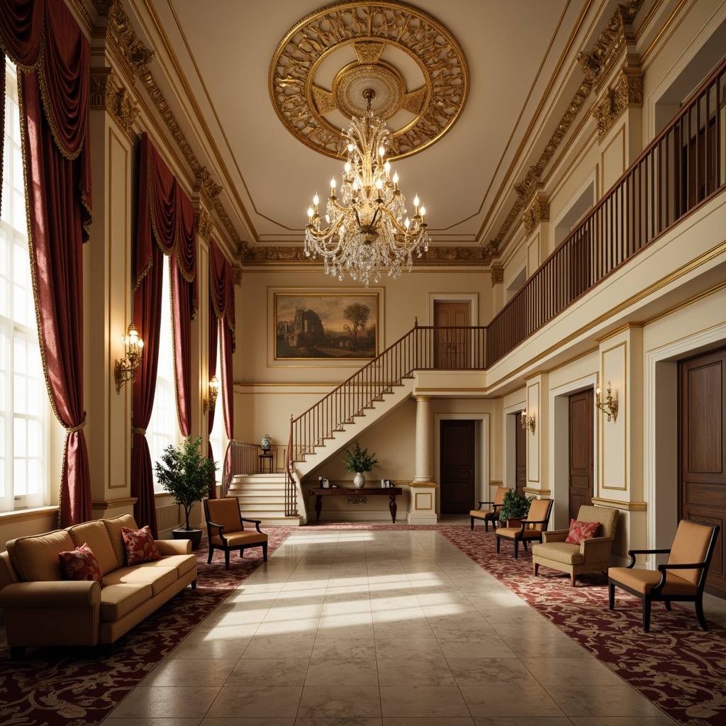 Prompt: Elegant mansion, ornate molding, gilded details, rich wood paneling, cream-colored walls, crystal chandeliers, lavish furnishings, velvet drapes, intricate patterns, classical columns, marble floors, grand staircase, opulent fabrics, subtle warm lighting, shallow depth of field, 2/3 composition, realistic textures, ambient occlusion.