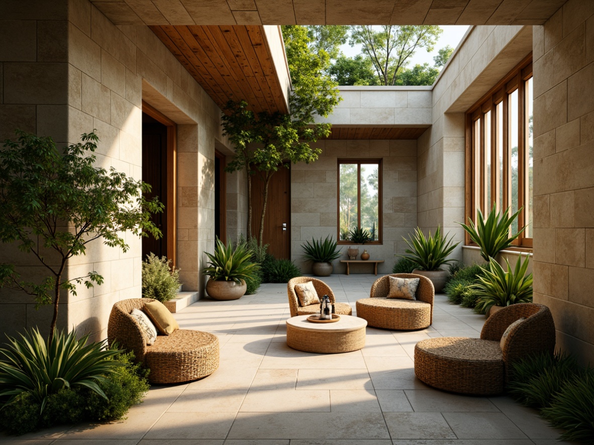 Prompt: Earth-toned stone walls, lush green foliage, reclaimed wood accents, organic shapes, natural light pouring in, airy open spaces, minimalist decor, woven bamboo furniture, potted plants, living walls, serene ambiance, soft warm lighting, shallow depth of field, 3/4 composition, panoramic view, realistic textures, ambient occlusion.