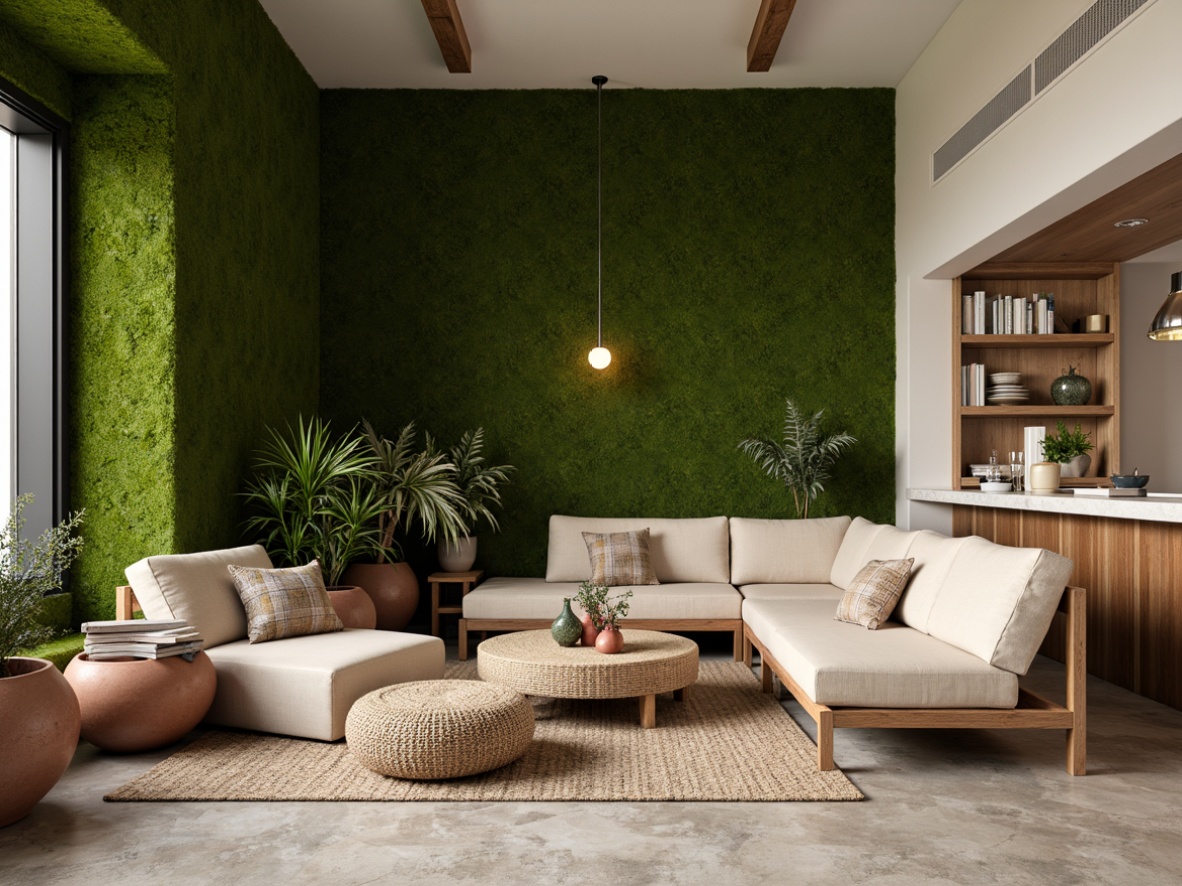 Prompt: Moss green accent walls, natural stone flooring, earthy terracotta pots, lush foliage plants, woven wicker furniture, soft beige upholstery, creamy white marble countertops, warm wooden accents, minimalist metal decor, ambient warm lighting, shallow depth of field, 1/1 composition, realistic textures, subtle shadowing.