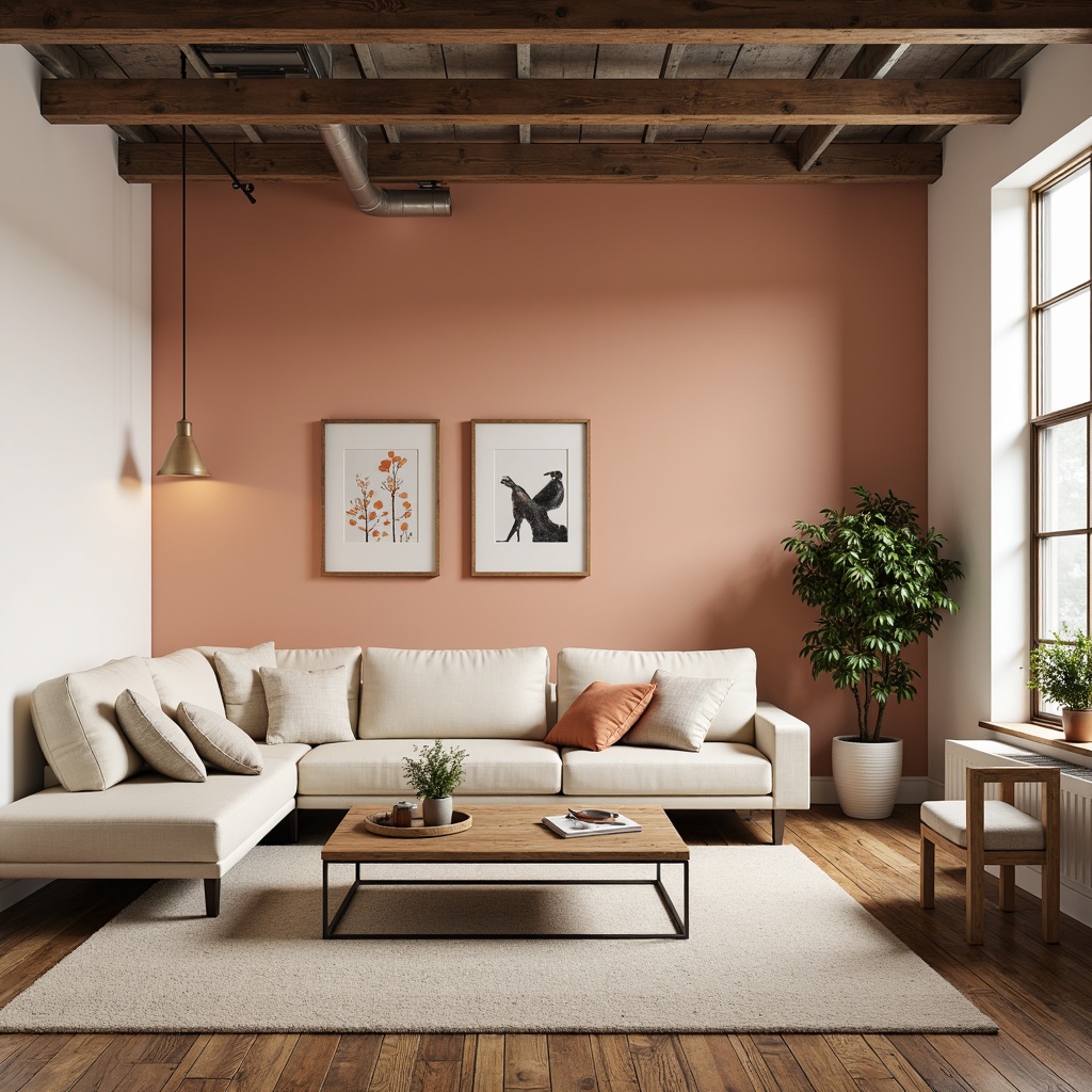 Prompt: Cozy loft interior, peach-toned accent walls, creamy white furniture, distressed wood flooring, industrial metal beams, soft warm lighting, plush area rugs, velvet pillows, natural linen fabrics, minimalist decor, modern abstract artwork, eclectic vintage accessories, airy open space, 1/1 composition, shallow depth of field, realistic textures.