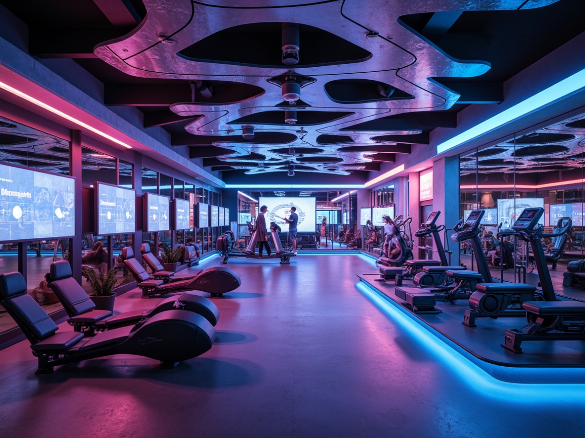 Prompt: Futuristic home gym, aerodynamic shapes, curved lines, metallic surfaces, neon lights, vibrant colors, high-tech equipment, virtual reality screens, sleek exercise machines, ergonomic designs, mirrored walls, polished floors, minimalist decor, ambient lighting, shallow depth of field, 3/4 composition, panoramic view, realistic textures, ambient occlusion.