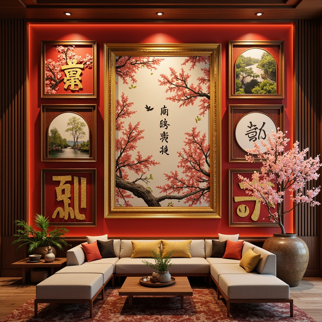 Prompt: Vibrant Asian-inspired wall art, ornate golden frames, delicate cherry blossom patterns, traditional Japanese kanji characters, bold red and gold accents, natural wood textures, bamboo motifs, serene Buddha statues, intricate geometric patterns, warm soft lighting, shallow depth of field, 1/1 composition, realistic brushstrokes, ambient occlusion, Asian-style calligraphy, subtle texture overlays, elegant minimalist design.