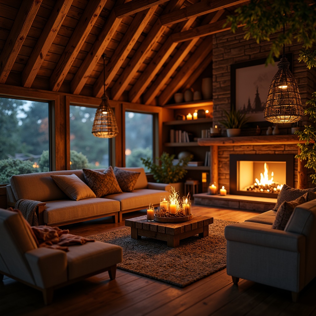 Prompt: Cozy cabin, warm glowing candles, soft lanterns, pendant lights, rustic wooden beams, earthy tones, plush furnishings, woven textiles, crackling fireplace, golden lighting, ambient shadows, 1/1 composition, shallow depth of field, warm color palette, realistic materials, atmospheric mist.