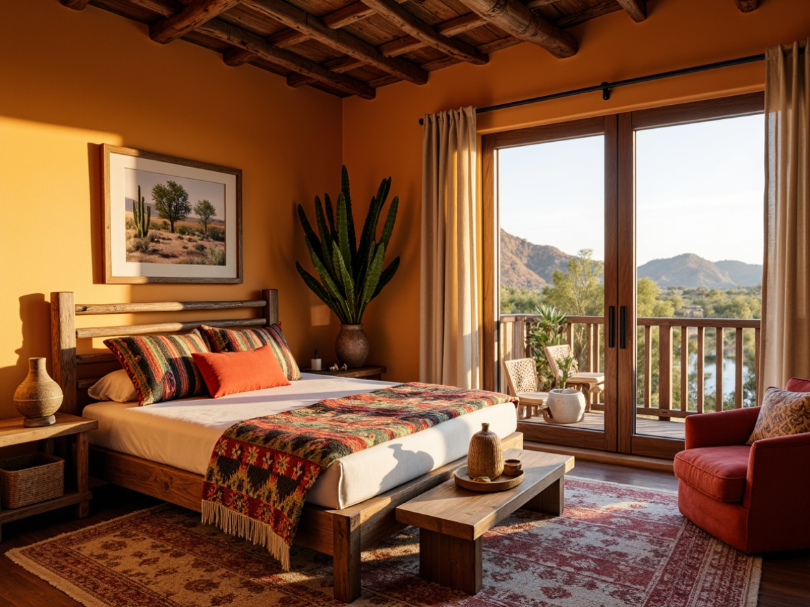 Prompt: Vibrant Southwestern bedroom, warm earthy tones, rustic wooden furniture, plush area rugs, woven baskets, geometric patterned textiles, colorful Navajo-inspired blankets, soft velvet pillows, natural linen drapes, distressed wood accents, terracotta pottery, cactus plants, desert landscape views, warm golden lighting, shallow depth of field, 1/1 composition, realistic textures, ambient occlusion.