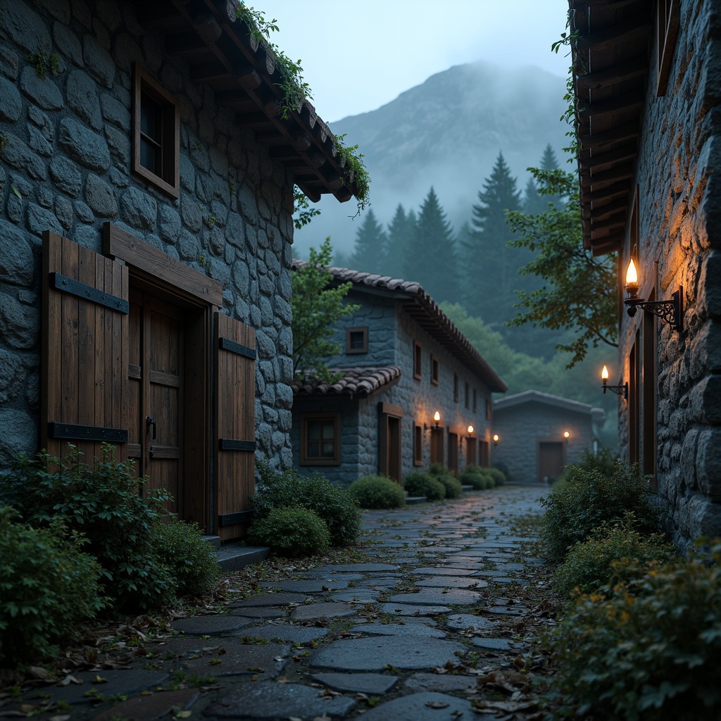 Prompt: Rough stone walls, medieval castle, rustic architecture, worn wooden doors, iron hinges, ancient torches, mysterious ambiance, dramatic lighting, foggy atmosphere, eerie silence, mystical forest surroundings, misty mountains, overgrown vines, weathered rocks, fantasy setting, cinematic composition, high contrast ratio, warm color palette, ambient occlusion.