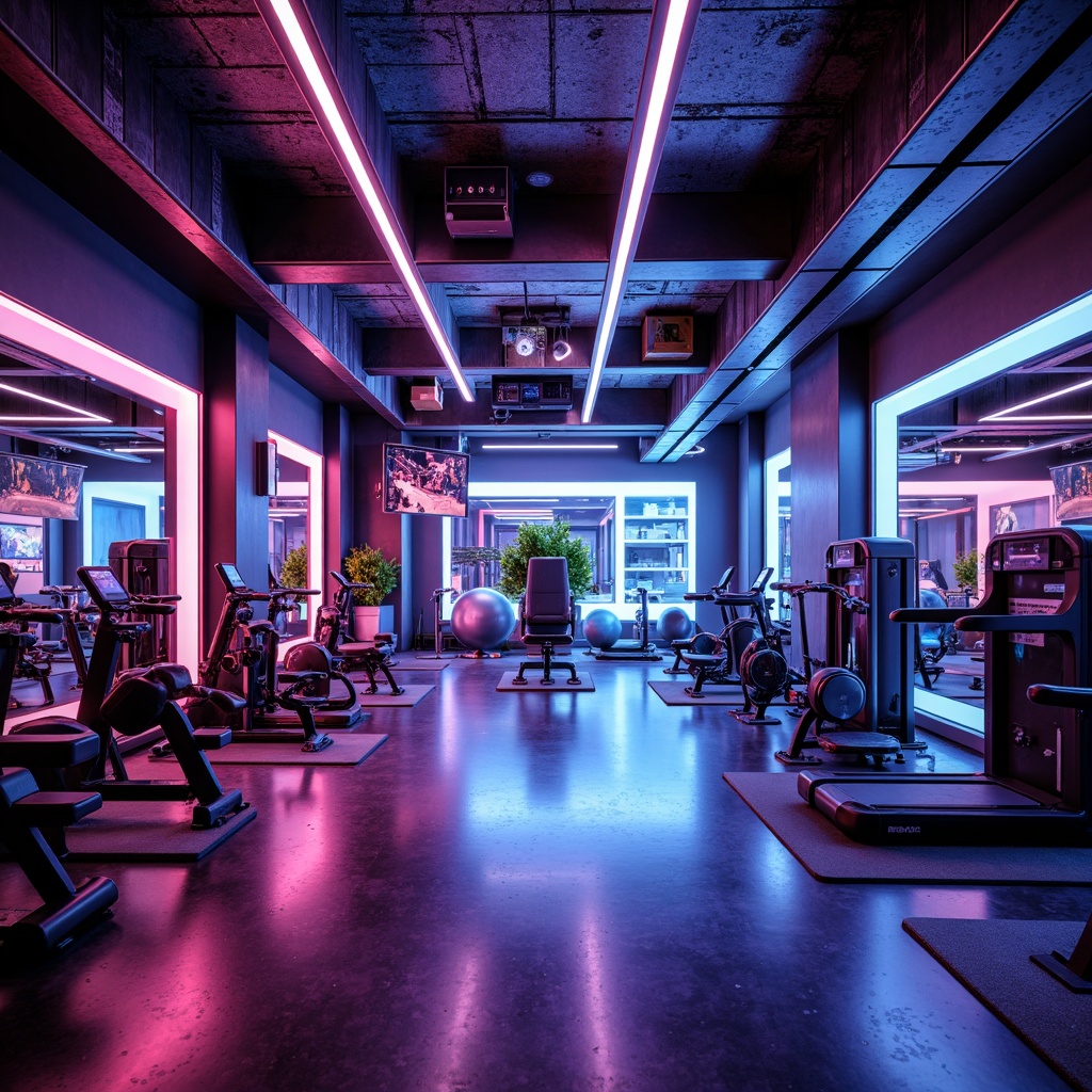 Prompt: Futuristic home gym, neon-lit ambiance, high-tech equipment, mirrored walls, sleek metal beams, minimalist decor, vibrant LED lights, strobe lights, color-changing ceiling, glossy flooring, modern workout machines, free weights, exercise balls, yoga mats, soundproofing, acoustic panels, futuristic sound system, immersive audio experience, low-poly 3D visuals, cyberpunk-inspired color scheme, high-contrast lighting, dramatic shadows, wide-angle lens, shallow depth of field, cinematic composition.