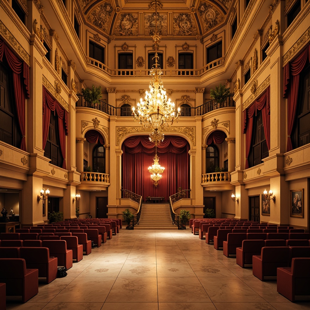 Prompt: Richly ornamented auditorium, Renaissance-inspired architecture, grand high ceilings, intricately carved wooden panels, ornate gilded details, luxurious velvet curtains, majestic chandeliers, polished marble floors, warm beige walls, subtle texture, soft golden lighting, dramatic shadows, 1/2 composition, symmetrical framing, realistic reflections, ambient occlusion.