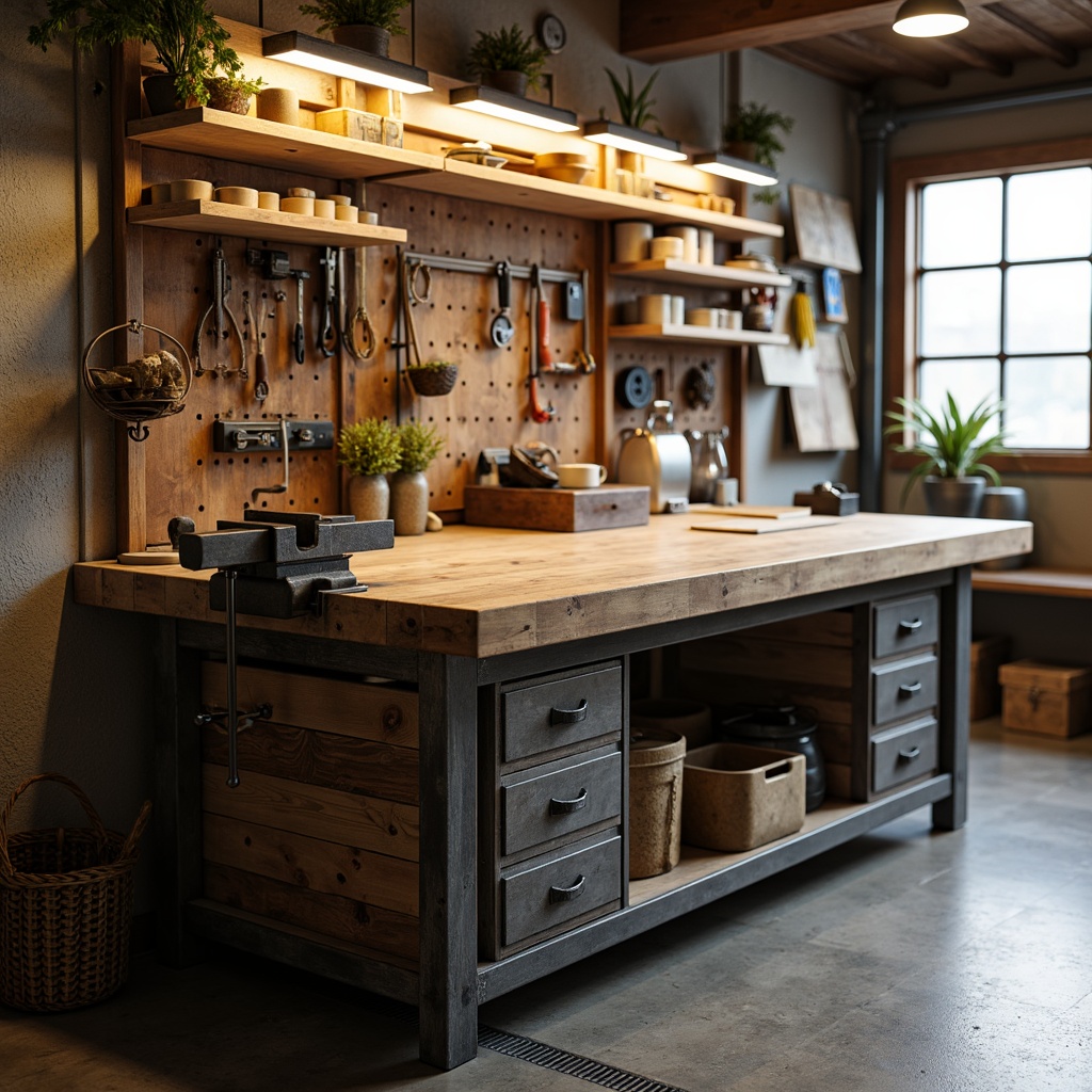 Prompt: Well-organized workbench, sturdy metal frame, rich wood top, vice system, storage drawers, built-in power outlets, task lighting, ergonomic design, comfortable standing height, ample workspace, tool organizers, hanging pegboards, customizations, rustic industrial style, distressed finishes, vintage decor, warm color tones, natural textures, soft overhead lighting, 3/4 composition, shallow depth of field.