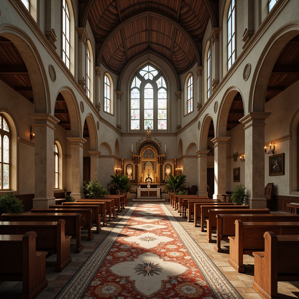 Prompt: Sacred temple, ornate altar, polished marble floors, intricately patterned rugs, wooden pews, stained glass windows, vaulted ceilings, serene ambiance, soft warm lighting, subtle shadows, elegant archways, grand entrance, limestone walls, rustic stone floors, majestic columns, reverent atmosphere, peaceful surroundings, natural textures, earthy tones, harmonious colors.