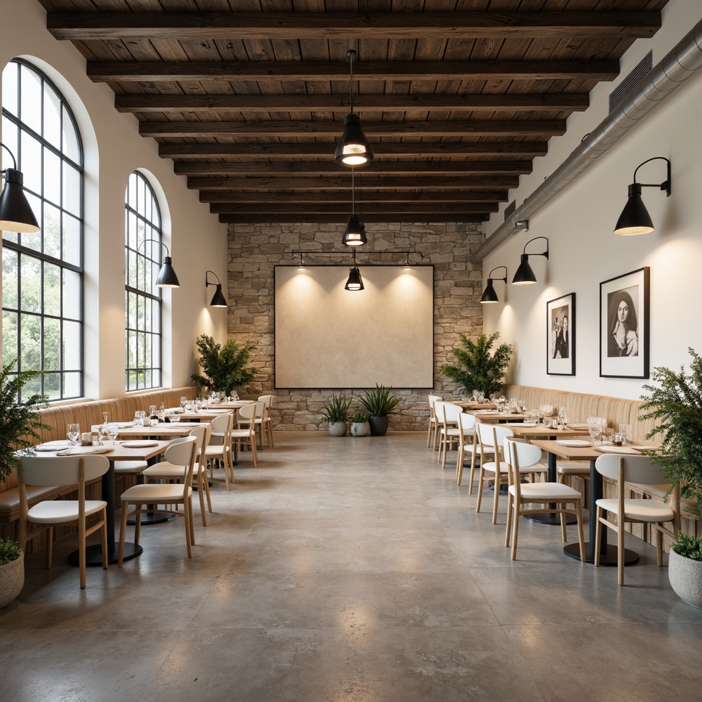 Prompt: Minimalist dining hall, industrial chic decor, polished concrete floors, exposed metal beams, reclaimed wood tables, simple white chairs, neutral color palette, soft ambient lighting, modern pendant lamps, greenery accents, natural stone walls, minimalist art pieces, clean lines, monochromatic scheme, warm beige tones, subtle textures, elegant simplicity.