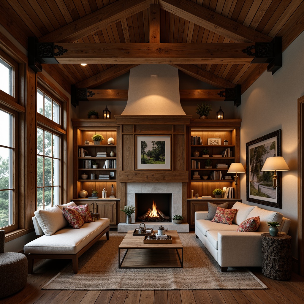 Prompt: Cozy cabin-style interior, built-in wooden shelves, rustic wood accents, plush throw pillows, earthy color palette, warm ambient lighting, comfortable reading nook, ornate metalwork details, richly stained wood trim, decorative corbels, exposed beam ceiling, inviting fireplace, vintage-inspired decor, soft natural textures, 1/1 composition, shallow depth of field, warm golden hour lighting.