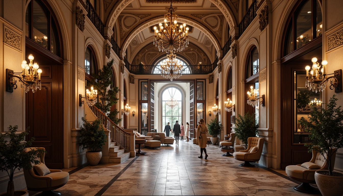 Prompt: Grand, ornate entrance, intricately carved stonework, majestic columns, sweeping archways, ornamental metalwork, lavish chandeliers, polished marble floors, regal staircase, opulent furnishings, luxurious textiles, ambient lighting, warm color palette, shallow depth of field, 1/2 composition, realistic renderings, subtle texture overlays.