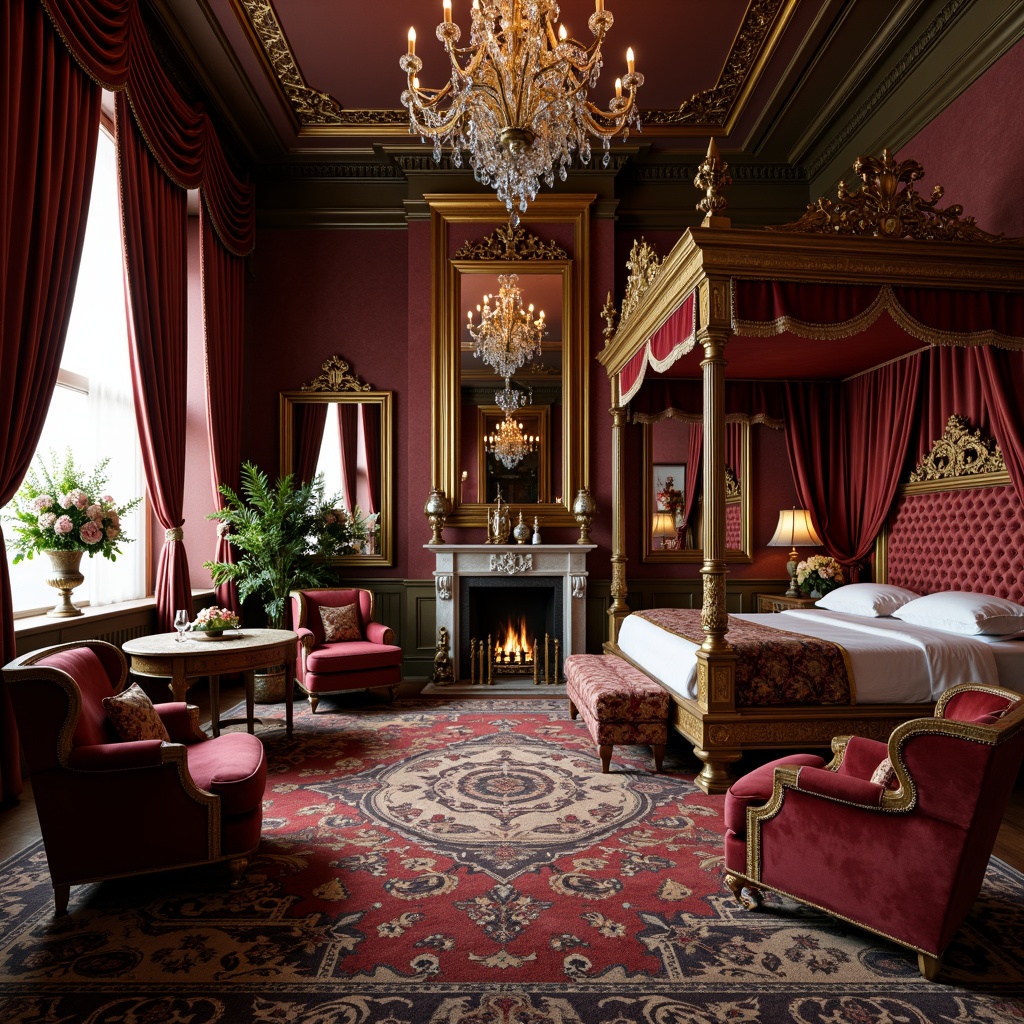 Prompt: Luxurious Victorian interior, rich velvet fabrics, intricately carved wooden furniture, ornate golden frames, plush crimson armchairs, majestic four-poster beds, elegant marble fireplaces, heavily draped curtains, crystal chandeliers, patterned Persian rugs, ornamental mirrors, lavish flower arrangements, warm candlelight, soft focus photography, shallow depth of field, 1/2 composition, atmospheric lighting.