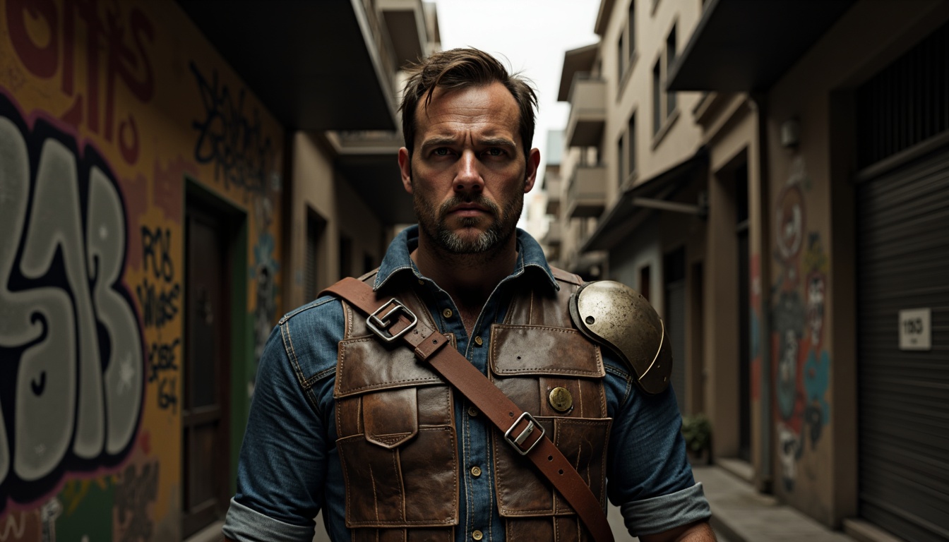 Prompt: Rugged character, earthy tone skin, worn leather armor, metallic accents, distressed denim clothing, urban graffiti backdrop, dimly lit alleyway, high contrast shadows, cinematic lighting, dramatic posing, intense facial expression, gritty realism, 3D scanned textures, detailed normal maps, high-poly modeling, realistic sweat and dirt effects.