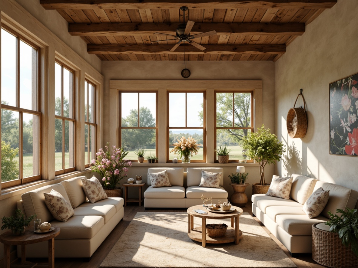 Prompt: Rustic farmhouse interior, earthy tone color palette, warm beige walls, distressed wood accents, vintage metal decor, soft cream furniture, natural linen textiles, woven baskets, floral patterns, countryside views, large windows, warm sunlight, soft shadows, cozy atmosphere, 1/1 composition, realistic textures, ambient occlusion.