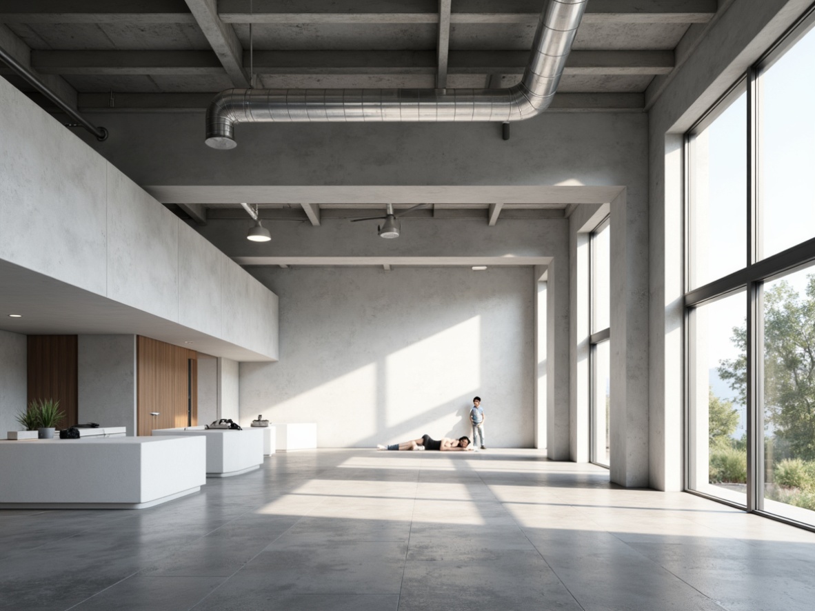 Prompt: Simple modernist building, clean lines, monochromatic color scheme, minimal ornamentation, large windows, natural light, open floor plan, functional simplicity, industrial materials, exposed ductwork, polished concrete floors, subtle textures, calm atmosphere, soft diffused lighting, shallow depth of field, 1/1 composition, realistic renderings, ambient occlusion.