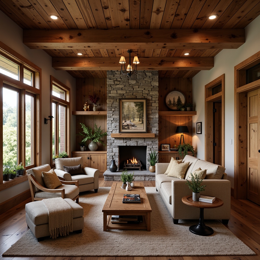 Prompt: Cozy craftsman interior, warm wood accents, rich walnut tones, reclaimed wooden beams, natural stone fireplace, earthy color palette, comfortable plush furniture, soft warm lighting, inviting atmosphere, rustic wooden decorations, vintage metal hardware, traditional craftsmanship, distressed wood finishes, wooden wall paneling, natural textures, organic shapes, harmonious color scheme, 1/1 composition, intimate mood, realistic rendering.