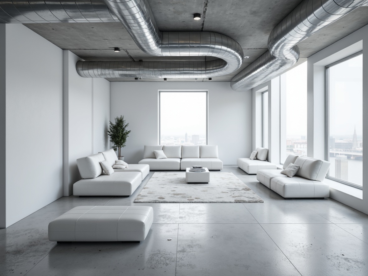 Prompt: Monochromatic industrial space, white polished metal surfaces, sleek minimalist design, silver accents, chrome details, frosted glass partitions, cold atmospheric lighting, subtle gradient effects, 3D geometric shapes, futuristic vibe, urban loft setting, exposed ductwork, concrete floors, metallic sheen, soft box shadows, low-key ambient occlusion.