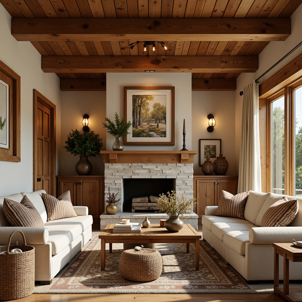 Prompt: Cozy living room, warm beige walls, rich wood tones, ornate crown molding, craftsman style interior, comfortable furniture, plush throw pillows, natural stone fireplace, wooden ceiling beams, earthy color palette, rustic metal lighting fixtures, woven baskets, vintage decorative accents, soft warm lighting, shallow depth of field, 1/2 composition, realistic textures, ambient occlusion.