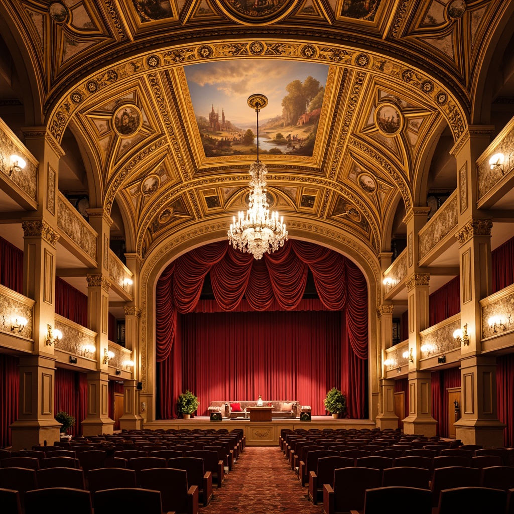 Prompt: Ornate auditorium ceiling, Renaissance-inspired design, gold leaf details, intricate moldings, grand chandeliers, crystal fixtures, decorative frescoes, ornamental medallions, classical arches, vaulted shapes, rich velvet drapes, luxurious fabrics, warm golden lighting, soft diffused illumination, shallow depth of field, 2/3 composition, symmetrical layout, realistic textures, ambient occlusion.