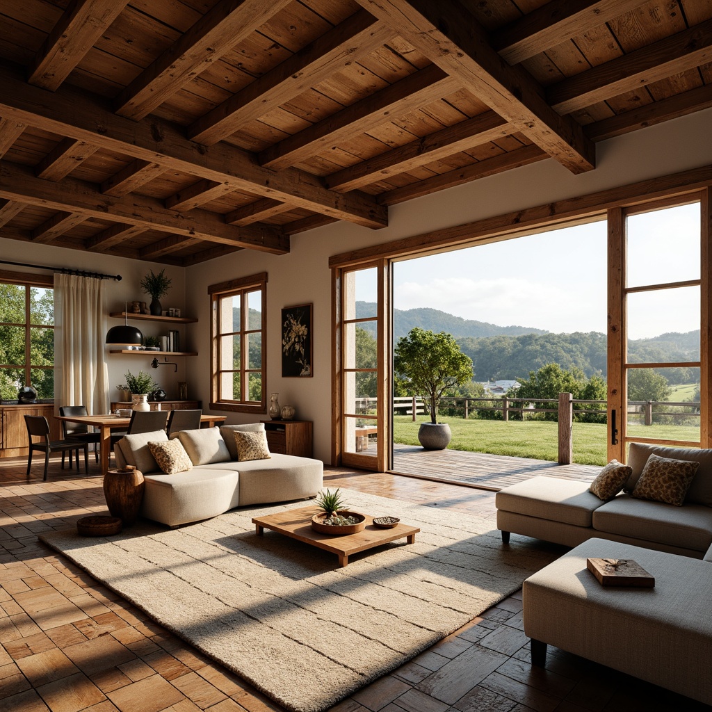 Prompt: Rustic farmhouse, open floor plan, wooden beams, vintage decor, natural stone walls, reclaimed wood floors, cozy living areas, large windows, sliding glass doors, countryside views, rolling hills, green pastures, sunny day, soft warm lighting, shallow depth of field, 3/4 composition, panoramic view, realistic textures, ambient occlusion.