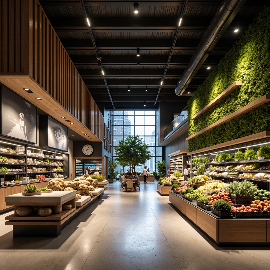 Prompt: Modern grocery store interior, sleek streamline architecture, polished concrete floors, minimalist shelving units, recessed LED lighting, warm ambient glow, softbox ceiling lights, energy-efficient solutions, suspended decorative fixtures, industrial-chic metal accents, green walls, living plants, natural stone countertops, stainless steel appliances, glass partitions, open-plan layout, 1/1 composition, realistic reflections, subtle color grading, soft focus effect.