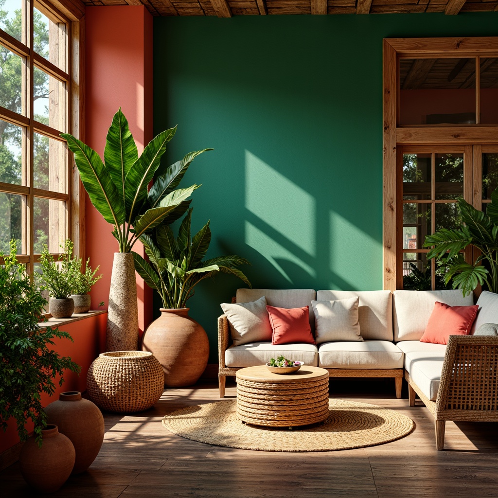 Prompt: Vibrant tropical interior, lush green walls, exotic wood accents, woven rattan furniture, natural fiber textiles, bright coral hues, soothing turquoise tones, warm golden lighting, subtle linen patterns, organic shapes, eclectic global decor, plush velvet pillows, rustic wooden floors, earthy terracotta vases, soft misty atmosphere, warm sunny day, shallow depth of field, 3/4 composition, realistic textures.