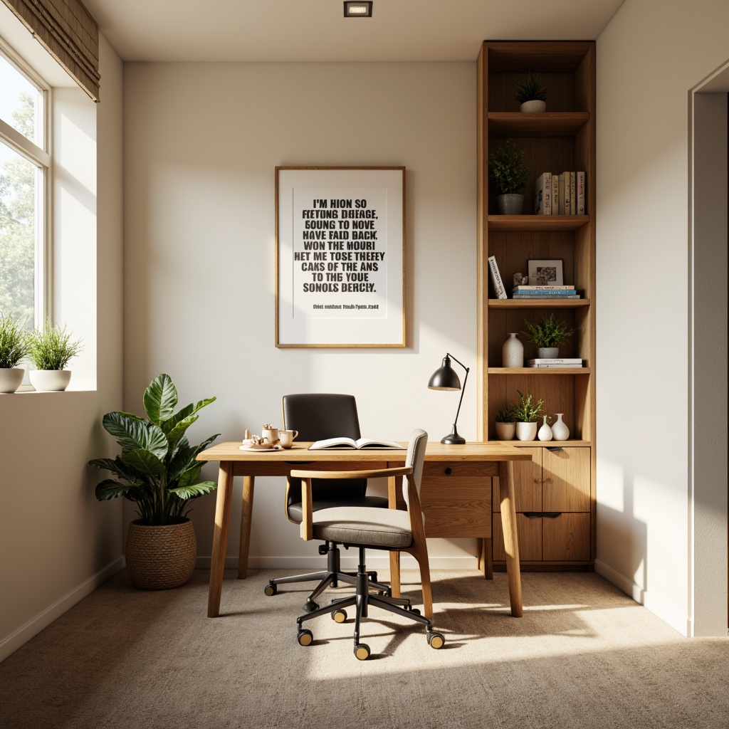 Prompt: Cozy home office, wooden desk, ergonomic chair, inspirational quotes, motivational artwork, calm atmosphere, soft cream walls, warm beige carpet, natural oak shelving, organized storage units, modern task lamp, comfortable reading nook, greenery plants, subtle ambient lighting, 1/1 composition, shallow depth of field, realistic textures.