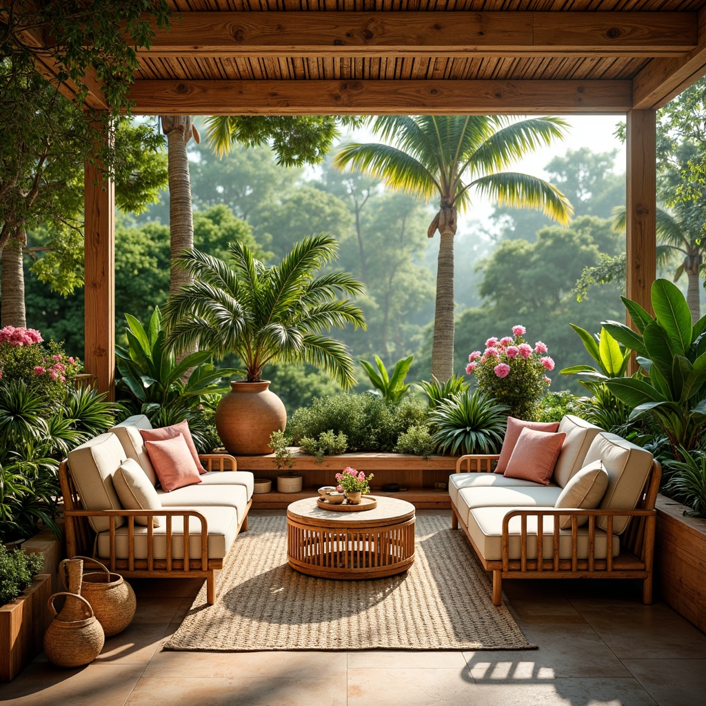 Prompt: Vibrant tropical interior, lush greenery, exotic flowers, warm wooden accents, rattan furniture, natural textiles, woven baskets, earthy terracotta pots, soft pastel hues, calming turquoise, rich coral, sunny yellow, creamy whites, subtle linen textures, organic patterns, gentle gradient transitions, 1/1 composition, intimate close-up shots, softbox lighting, warm ambient glow.