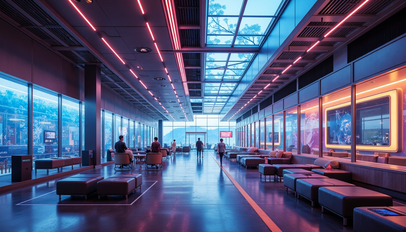 Prompt: Futuristic airport interior, neon-lit corridors, sleek metallic surfaces, iridescent glass panels, holographic advertisements, aerodynamic lines, high-tech gadgetry, minimalist seating areas, LED lighting strips, polished chrome accents, levitating furniture, virtual reality zones, augmented reality wayfinding, panoramic cityscape views, atmospheric misting systems, dynamic color-shifting ambiance, 3/4 composition, shallow depth of field, realistic reflections, ambient occlusion.