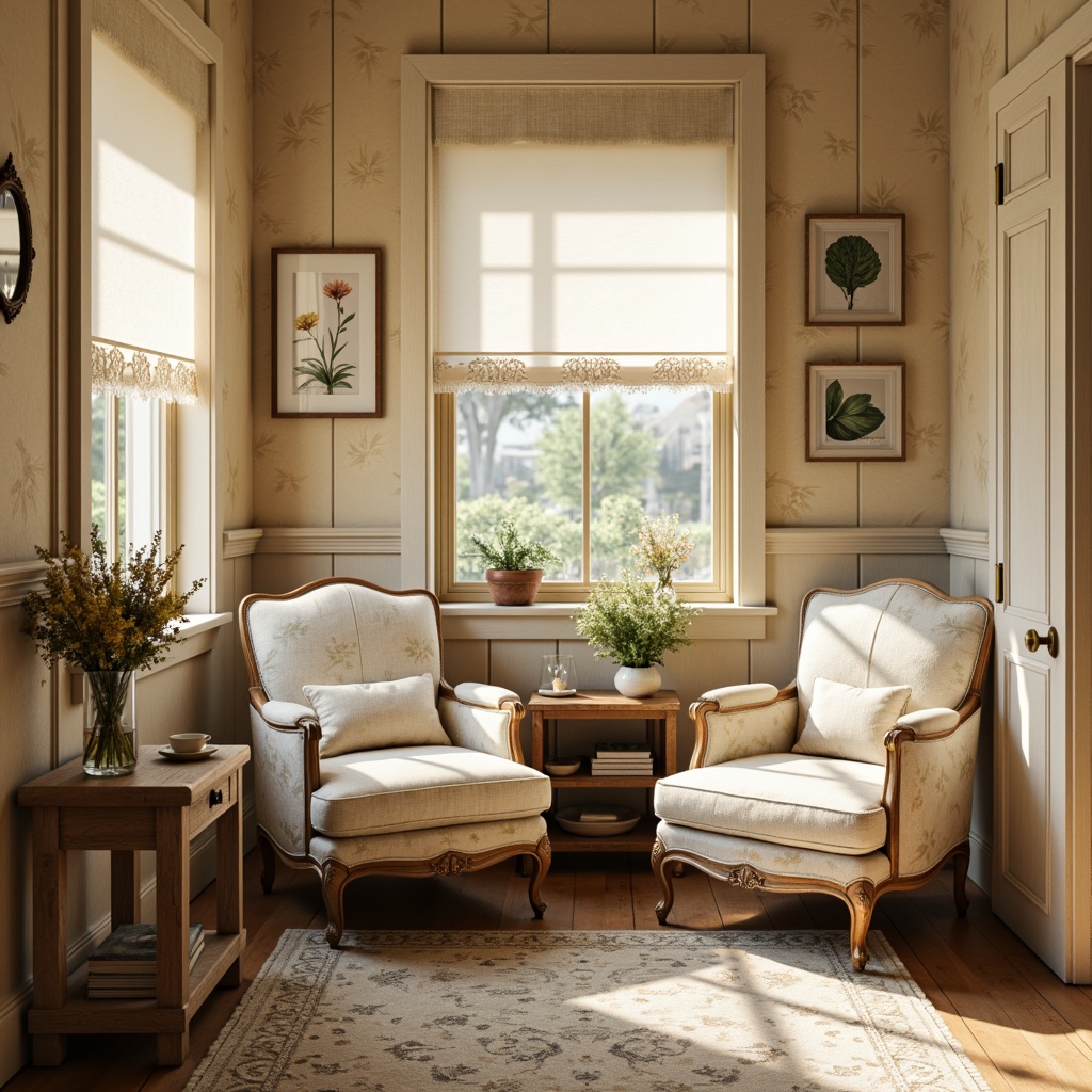 Prompt: Soft morning light, warm beige walls, distressed wooden furniture, vintage decor, floral patterns, lace trimmings, pastel shades, creamy whites, weathered wood accents, rustic metal hardware, natural linen fabrics, botanical prints, gentle color transitions, soft focus, 1/2 composition, warm glow lighting.