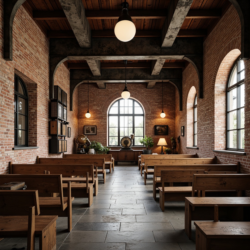 Prompt: Rustic church interior, exposed brick walls, metal beams, reclaimed wood pews, industrial-style lighting fixtures, distressed wooden accents, vintage machinery parts, earthy tone color palette, natural stone flooring, arched windows, stained glass details, modern minimalist decor, subtle industrial textures, warm atmospheric lighting, shallow depth of field, 1/1 composition, realistic renderings, ambient occlusion.