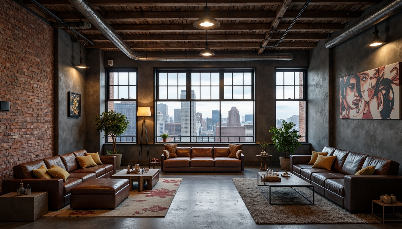 Prompt: Exposed brick walls, industrial metal beams, reclaimed wood accents, polished concrete floors, distressed leather furniture, metallic color palette, urban cityscape, cloudy overcast sky, dramatic backlighting, high contrast ratio, 1/2 composition, moody atmospheric lighting, realistic reflections, subtle ambient occlusion.