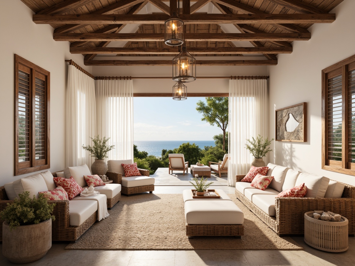 Prompt: Coastal villa, beachy vibe, driftwood accents, ocean-inspired color palette, glass-enclosed lanterns, rustic metal chandeliers, nautical rope details, weathered wooden shutters, coral-patterned textiles, soft warm glow, morning sunlight, layered curtains, sheer fabrics, billowy whites, sandy flooring, sea-salt air, 1/1 composition, natural ambiance, realistic reflections, subtle shading.