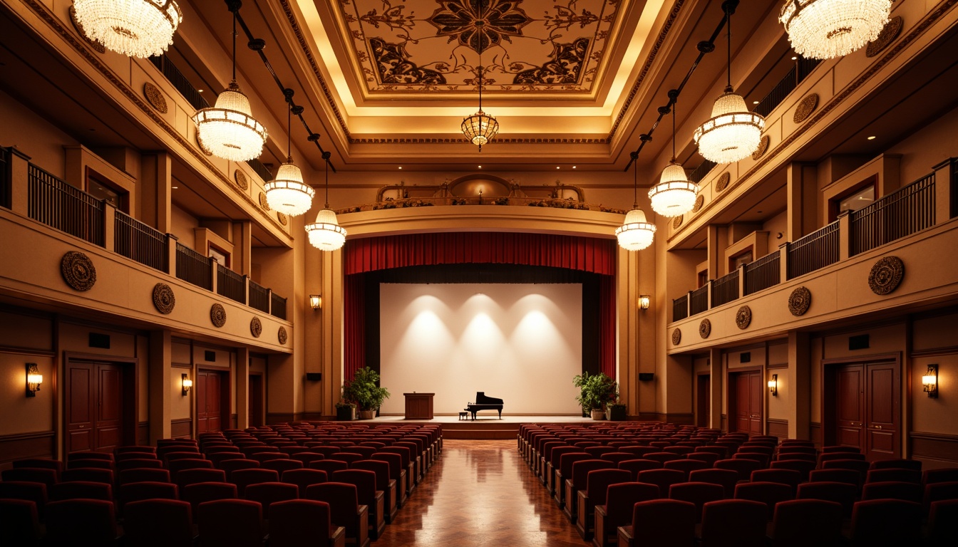 Prompt: Elegant concert hall, ornate chandeliers, warm golden lighting, rich wood accents, plush red velvet seats, grand piano, spotlights on stage, soft box seating, intimate atmosphere, subtle color temperature, 1/2 composition, shallow depth of field, warm glow, soft shadows, realistic textures, ambient occlusion, refined architectural details, sophisticated sound systems, acoustic panels, decorative ceiling treatments.