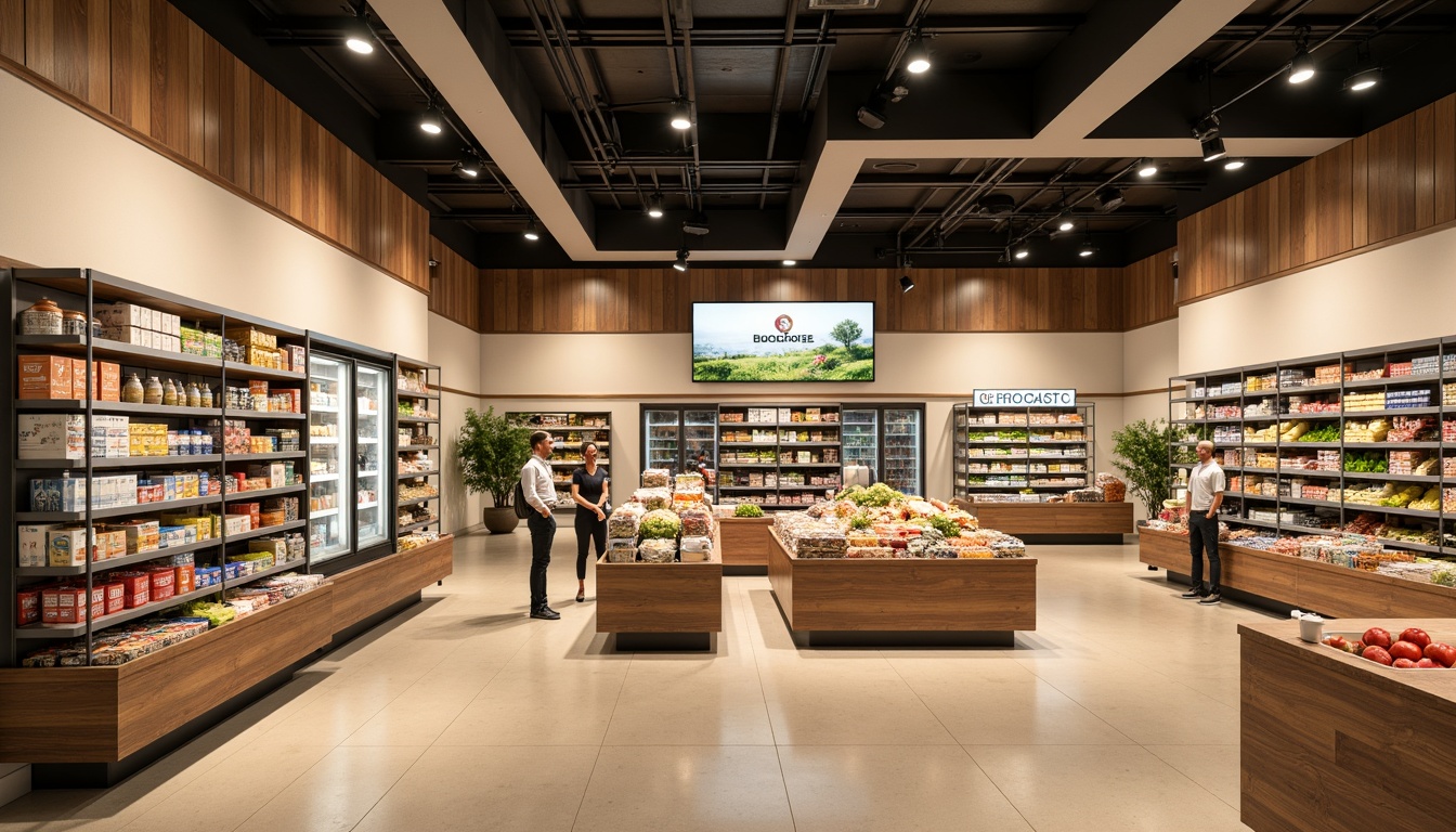 Prompt: Modern grocery store interior, streamline moderne style, warm beige walls, polished chrome accents, sleek glass shelves, minimalist product displays, natural wood flooring, subtle greenery, soft warm lighting, 1/1 composition, shallow depth of field, realistic textures, ambient occlusion, calm atmosphere, vibrant colorful packaging, fresh produce stands, modern refrigeration units, stainless steel countertops, elegant typography, clean lines, geometric shapes.