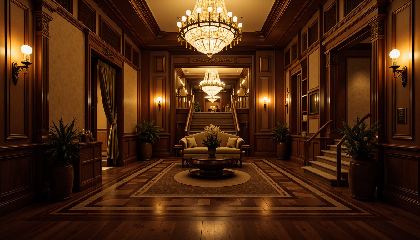 Prompt: Elegant classic interior, ornate chandeliers, warm golden lighting, soft shadows, rich wood paneling, luxurious fabrics, intricate moldings, high ceilings, grand staircases, crystal sconces, subtle ambiance, dramatic focal points, chiaroscuro-inspired contrast, 1/2 composition, low-key lighting, atmospheric perspective, realistic reflections, ornate metalwork, subtle color grading.