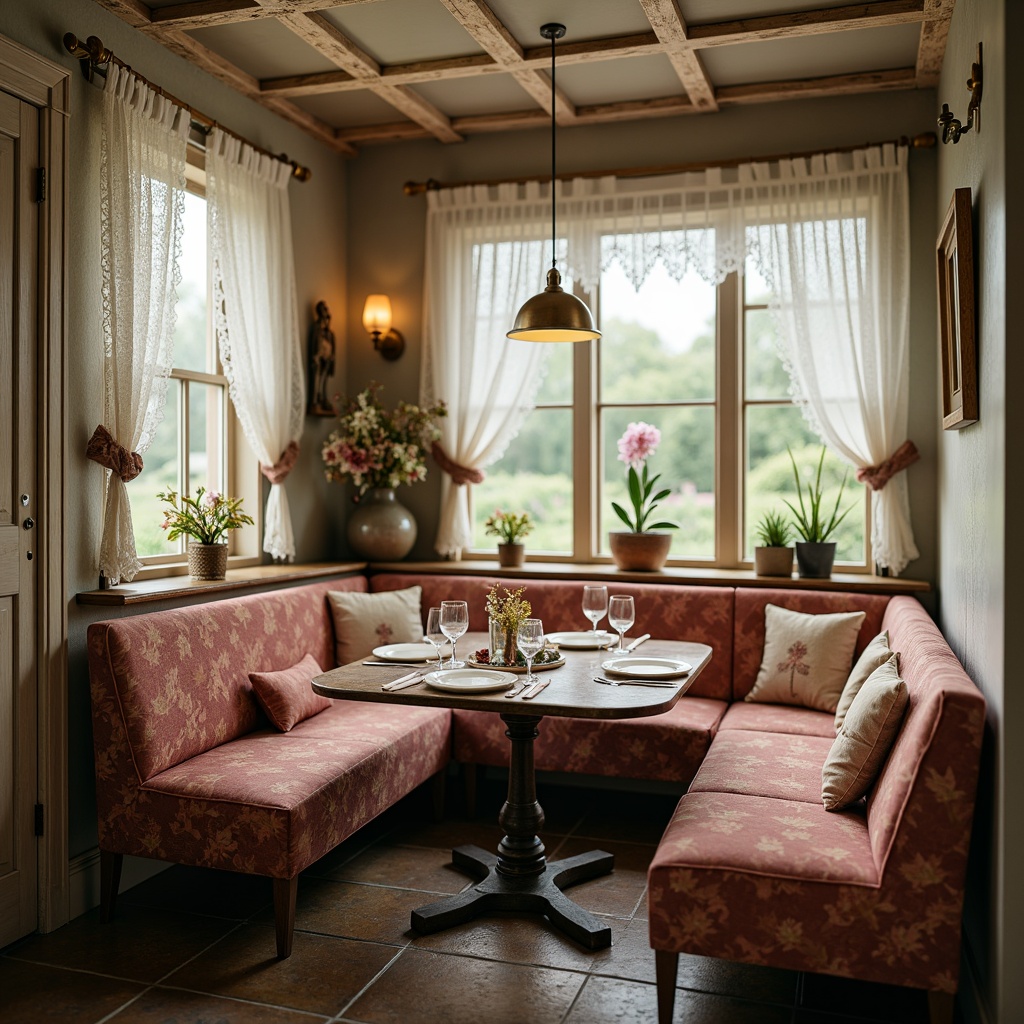 Prompt: Vintage-inspired breakfast nook, distressed wooden furniture, soft pastel colors, floral patterns, lace curtains, rustic metal accents, worn velvet upholstery, antique decorative items, natural stone flooring, warm candlelight, cozy intimate atmosphere, shallow depth of field, 1/2 composition, soft focus, dreamy ambient lighting.