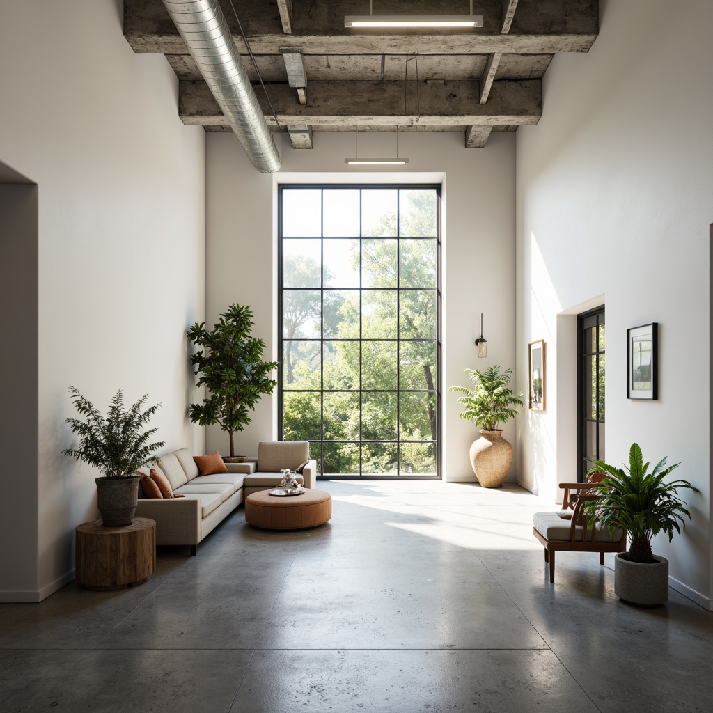 Prompt: Simple white walls, clean lines, minimal ornamentation, natural light pouring in, open floor plans, functional furniture, industrial materials, exposed ductwork, polished concrete floors, geometric shapes, monochromatic color schemes, abundant greenery, serene atmosphere, soft warm lighting, shallow depth of field, 3/4 composition, panoramic view, realistic textures, ambient occlusion.Please let me know if this meets your requirements!