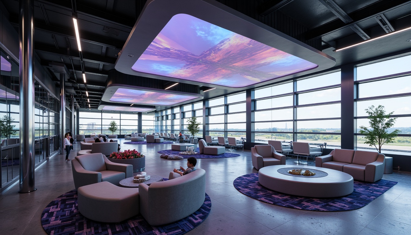 Prompt: Sleek airport lounge, futuristic interior design, aerodynamic shapes, metallic surfaces, neon-lit accents, holographic displays, minimalist seating areas, modular furniture systems, ergonomic chairs, ottomans with built-in charging stations, curved benches, floor-to-ceiling windows, panoramic views of runway, ambient LED lighting, polished concrete floors, silver-toned steel columns, geometric patterned carpets, atmospheric misting systems, 3/4 composition, shallow depth of field, realistic reflections.