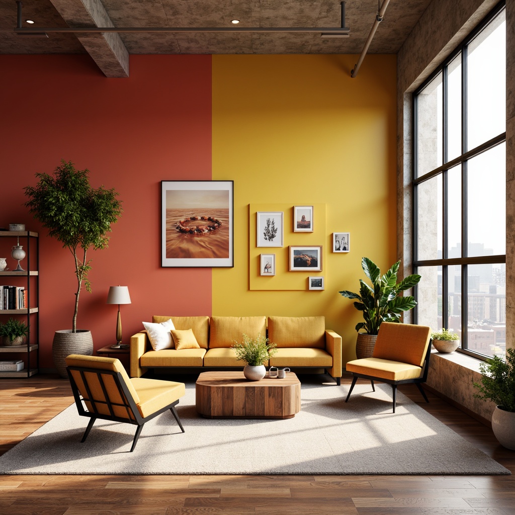 Prompt: Vibrant design studio, modern color palette, harmonious hues, bright accent walls, minimalist furniture, sleek metal legs, natural wood textures, earthy tone inspirations, urban loft atmosphere, large windows, abundant natural light, soft warm glow, 1/1 composition, realistic renderings, ambient occlusion, subtle gradient effects.