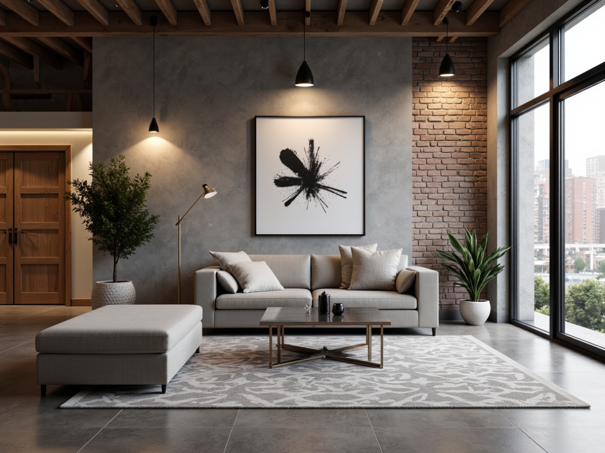 Prompt: Modern living room, sleek low-profile sofa, minimalist coffee table, metallic legs, glass top, abstract artwork, geometric patterned rug, industrial-chic lighting fixtures, exposed brick walls, polished concrete floors, Scandinavian-inspired wooden accents, monochromatic color scheme, warm ambient lighting, shallow depth of field, 1/1 composition, realistic textures, soft focus.