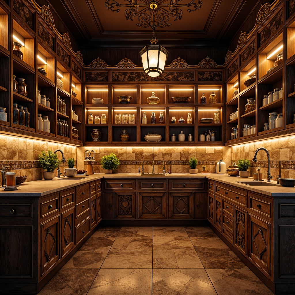 Prompt: Ornate pantry, rich wood tones, intricate carvings, ornamental metalwork, elegant cabinetry, decorative tile backsplashes, warm golden lighting, rustic stone walls, vintage apothecary jars, distressed finishes, antique hardware, soft warm colors, 1/2 composition, shallow depth of field, realistic textures, ambient occlusion.