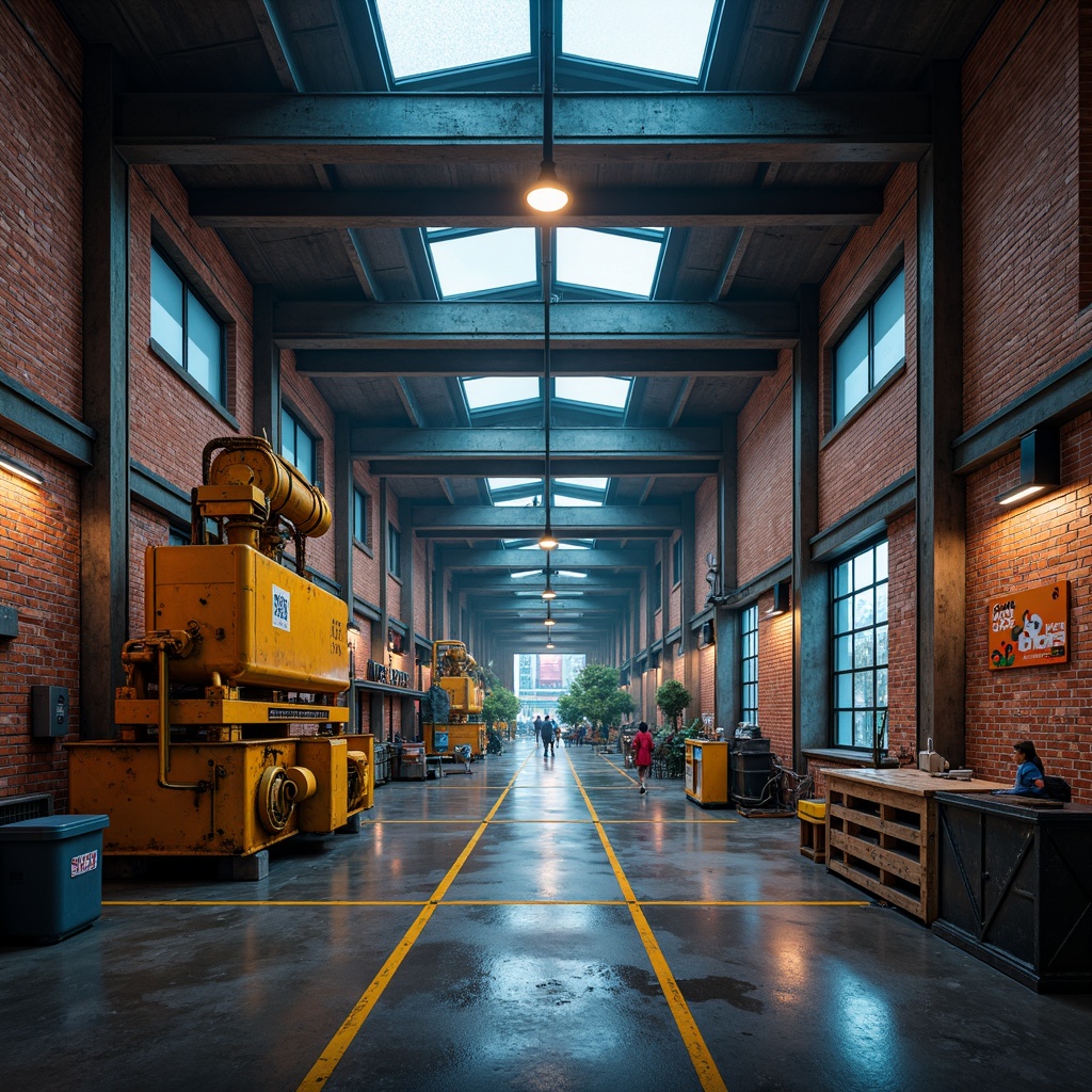 Prompt: Industrial warehouse, exposed brick walls, metal beams, concrete floors, functional machinery, bold color accents, deep blues, rich grays, warm neutrals, vibrant yellows, rusty oranges, metallic silvers, neon signs, urban cityscape, cloudy day, dramatic lighting, high contrast, 3/4 composition, realistic textures, ambient occlusion.