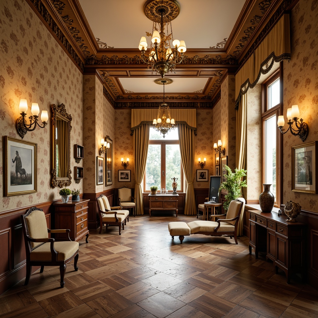 Prompt: Richly patterned wallpaper, ornate moldings, decorative wainscoting, vintage dental equipment displays, elegant crown molding, lavish chandeliers, warm beige walls, antique furniture pieces, intricate wooden carvings, ornamental mirrors, soft golden lighting, 1/1 composition, shallow depth of field, realistic textures, ambient occlusion.